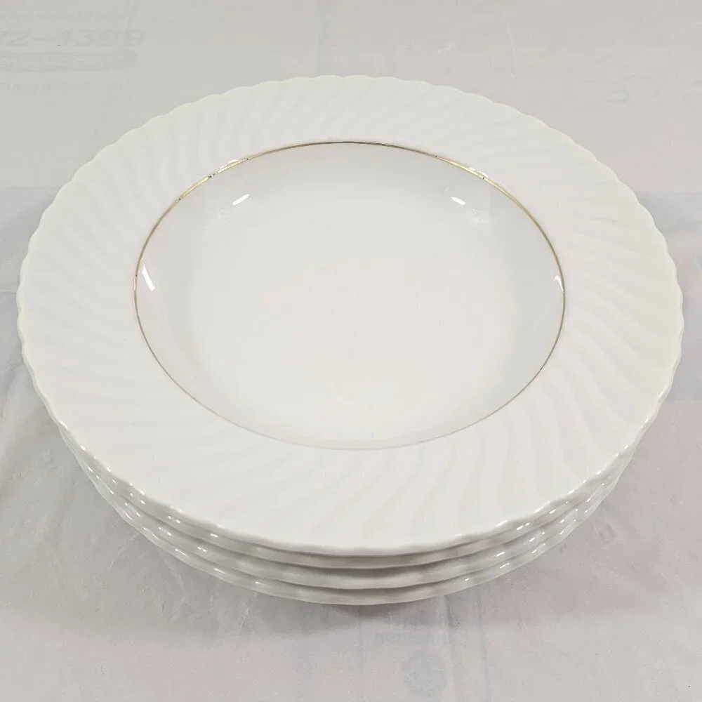 Schonwald Germany White Swirl Rimmed 9” Porcelain Salad Soup Bowls – Set of 4